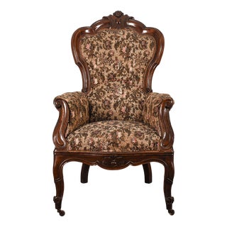 Carved Armchair in Walnut with Damask Fabric For Sale
