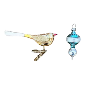 Christmas Glass Ornament Bird Clip and Miniature Bell- 2 Pieces