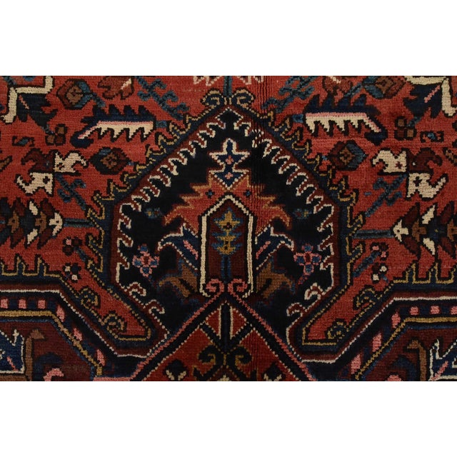 Heriz Rug 9′ X 10’5” Red Wool Vintage Tribal Hand-Knotted Oriental Carpet For Sale - Image 11 of 15