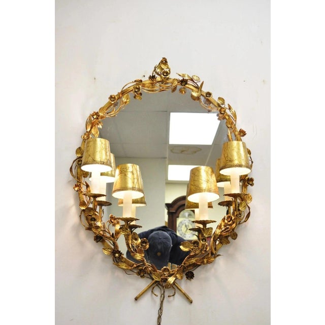 Mid 20th Century Vintage Italian Hollywood Regency Gold Gilt Iron Floral Wall Sconce Oval Mirror For Sale - Image 5 of 11