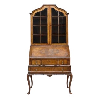 Burl & Carved Walnut Slant Front Marquetry Secretary Desk C1900 For Sale