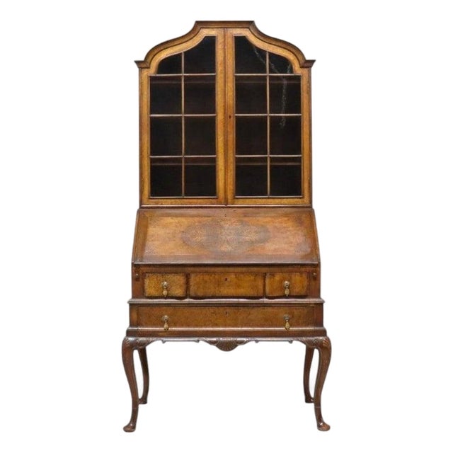 Burl & Carved Walnut Slant Front Marquetry Secretary Desk C1900 For Sale