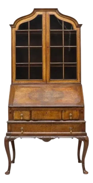 Burl & Carved Walnut Slant Front Marquetry Secretary Desk C1900