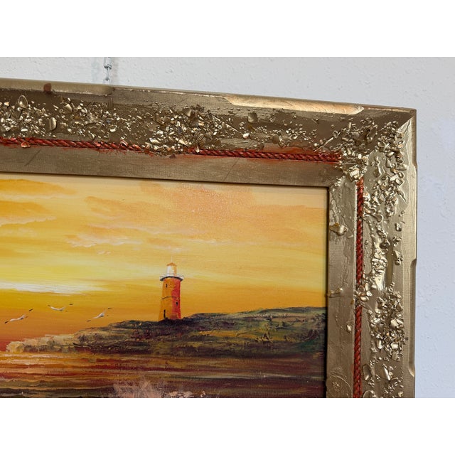 Paint Vintage Oil Painting Lighthouse Sunset Seascape Coastal Art Unique Shell Decor For Sale - Image 7 of 11