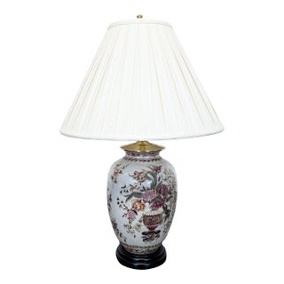Elegant Oriental Accent Floral Ceramic Table Lamp With Classic Shade For Sale