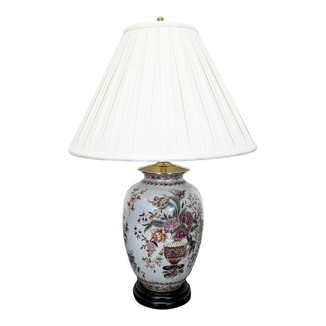 Elegant Oriental Accent Floral Ceramic Table Lamp With Classic Shade For Sale