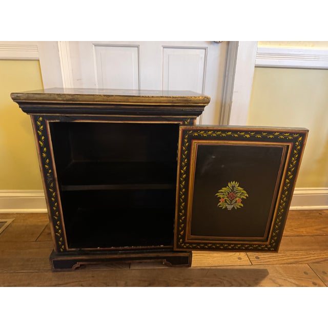 Vintage Asian-Style Black Lacquer Cabinet / Nightstand, Hand-Painted Floral Motifs For Sale In New York - Image 6 of 9