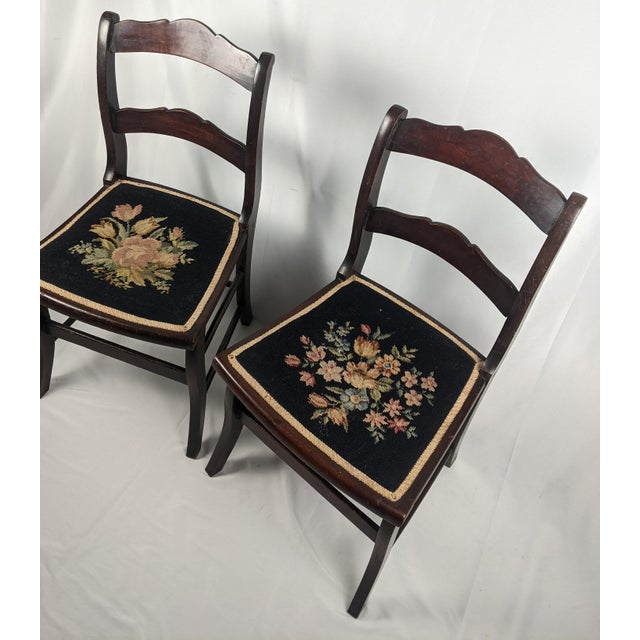 Pair of Vintage Tell City Style Dark Wood Chairs With Black Floral Needlepoint Seats For Sale - Image 4 of 14