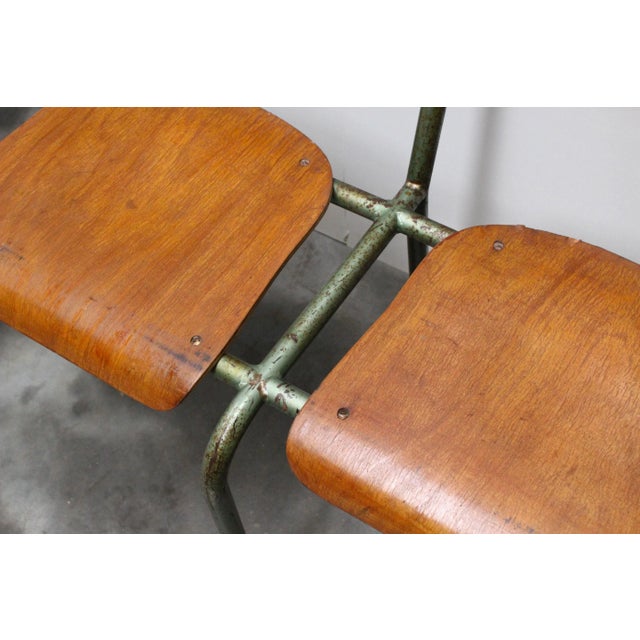 - Industrial schoolbenches manufactured by the French company Mullca in the 1950s - These benches have 6 seats - Warm wood...