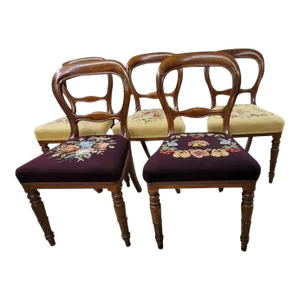 Set of 5 Late Victorian Balloon Back Mahogany & Custom Newer Needlepoint Work Chairs