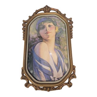 Mid 20th Century Art Deco Flapper Portrait Reproduction Print in Ornate Gilt Frame, 1920s Style For Sale