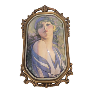 Mid 20th Century Art Deco Flapper Portrait Reproduction Print in Ornate Gilt Frame, 1920s Style