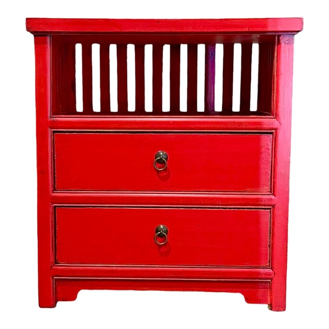 1980s Chinese Red-Lacquered Bedside Cabinet Nightstand For Sale