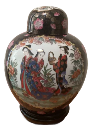 Vintage Large Japanese Porcelain Hand Painted Lidded Ginger Jar on Wood Base