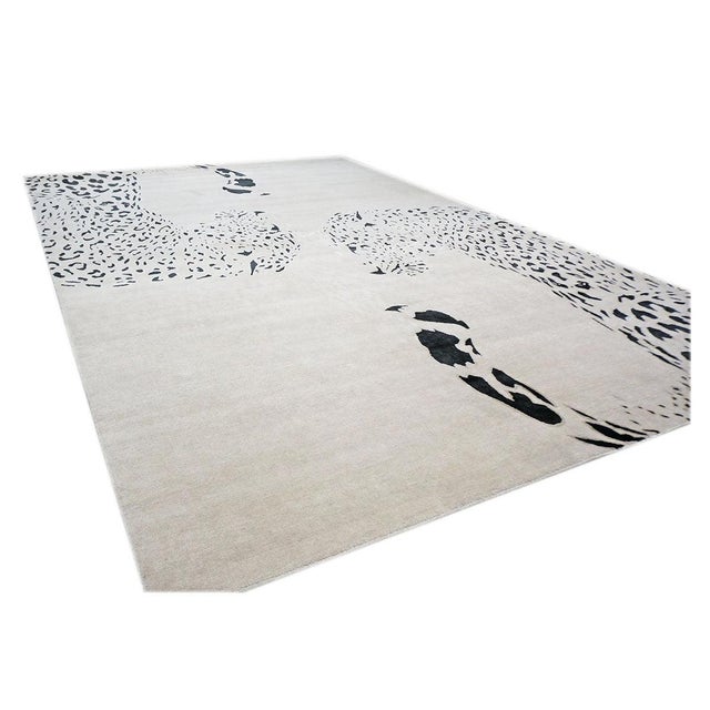 Modern Modern Nepalese Wool & Silk 9x14 Ivory & Black Jaguar Handmade Area Rug #1144032 For Sale - Image 3 of 8