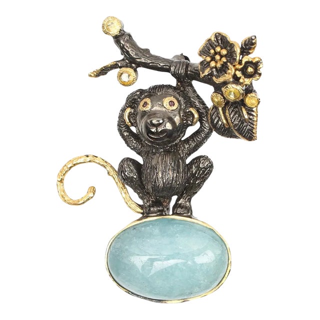 Mid 20th Century Sterling Gold Plate 22.82 Ct. Aquamarine, Sapphire & Garnet Monkey Brooch For Sale