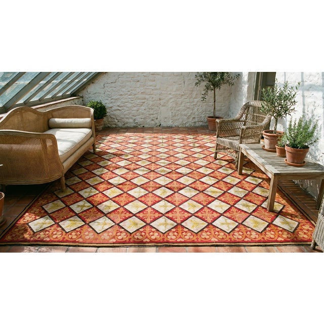 Textile 1870s Red White Diamond Antique French Needlepoint Rug 13'8" X 16'10" Flatweave Wool Carpet For Sale - Image 7 of 9