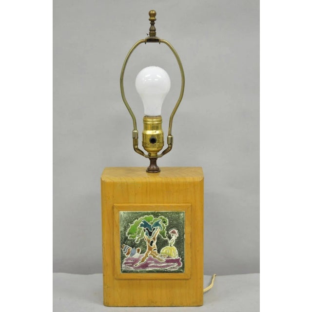 Vintage J. Warner Prins Tile Mid Century Modern Cerused Wood Small Table Lamp For Sale - Image 12 of 12