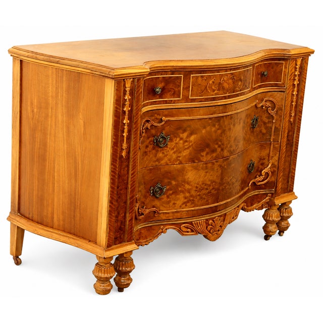 Wood Antique Burl Wood Serpentine-Front Dresser With Floral Inlay and Carved Details For Sale - Image 7 of 10