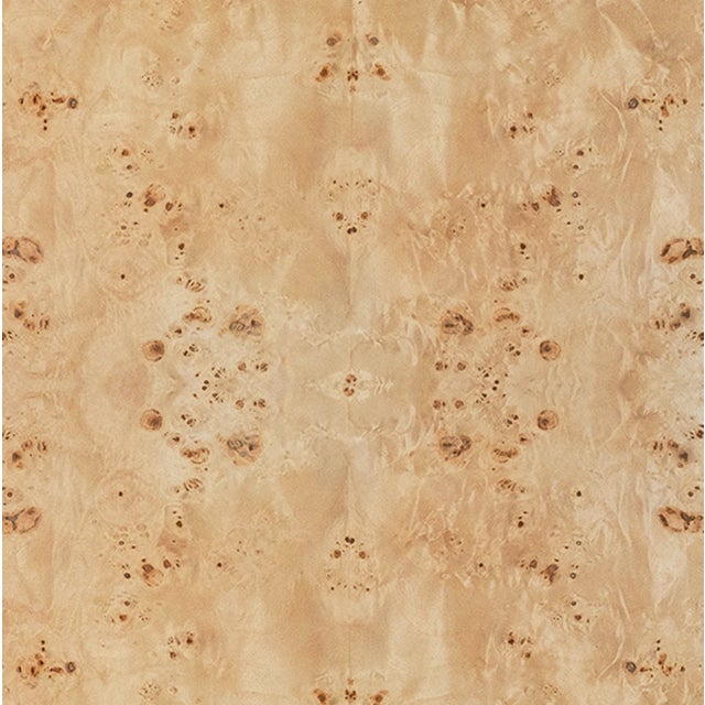 Tan Matthew Izzo Home Douglas Burlwood Two Drawer Open Shelf End Table With Glass Top and Polished Brass Knobs For Sale - Image 8 of 9