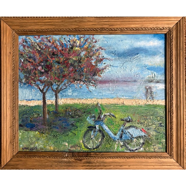 “Need a Lyft”, Original Oil Painting, by Van Ness Oil painting, a Lyft bike rests by Lake Michigan on a beautiful fall...
