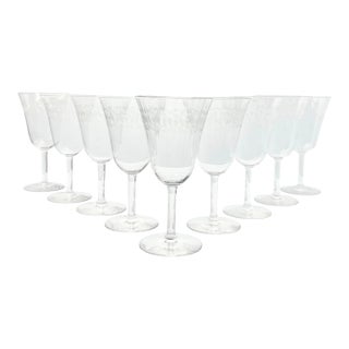 1920s Fostoria “Greek” Optic Greek Key Etched Wine or Water Glasses - Set of 9 For Sale