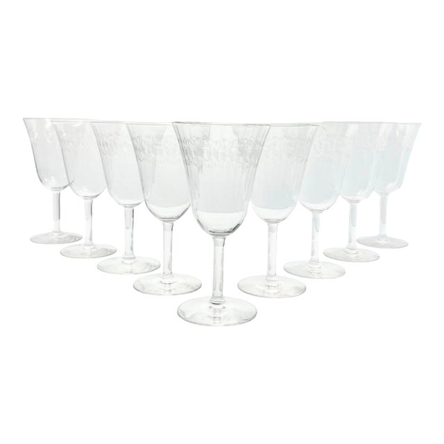 1920s Fostoria “Greek” Optic Greek Key Etched Wine or Water Glasses - Set of 9 For Sale