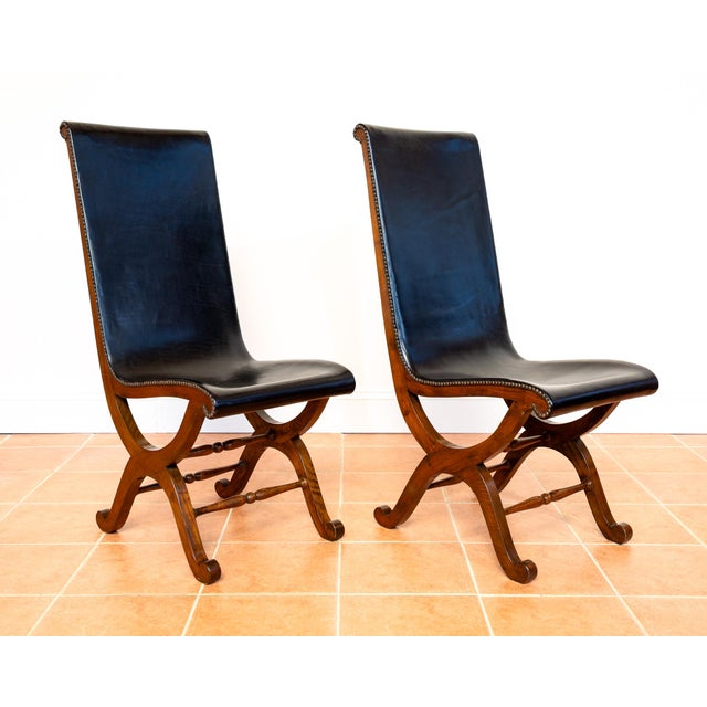 Black Mid-Century Neo-Classical Spanish Black Leather and Oak Dining Chairs by Pierre Lottier for Valmazan, 1960s, Set of 4 For Sale - Image 8 of 18