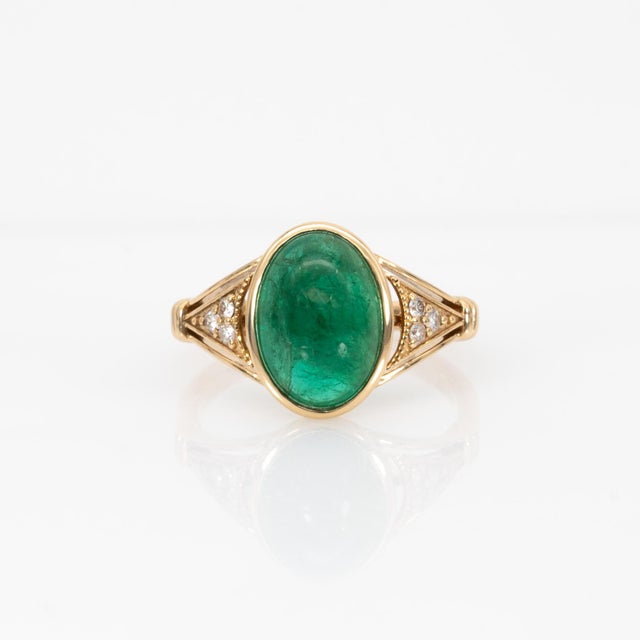 3.7cts Zambian Emerald Ring With Natural Diamonds Accents: Solid 14k Gold, Oval, Size 6.75 For Sale - Image 4 of 9