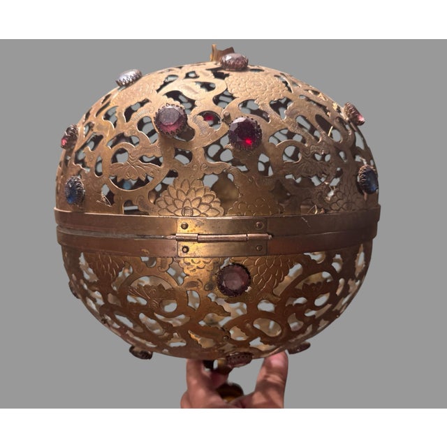 Japanese Vintage Japan Ornate Cut Out Brass Hanging Lamp Light Fixture W Faceted Jewels For Sale - Image 3 of 10