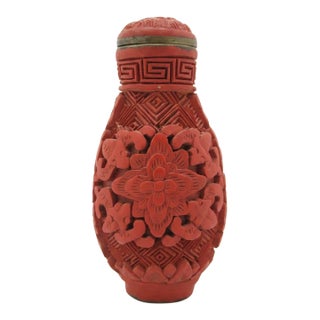 Chinese Carved Red Cinnabar Flower & Geometric Lacquer Snuff Bottle For Sale