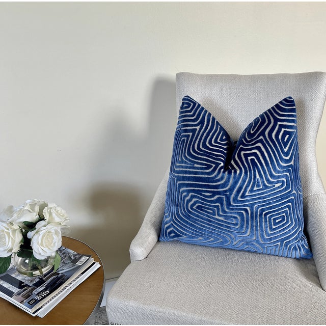 Contemporary Cobalt Blue Maze Velvet Throw Pillow With Feather Down Insert For Sale - Image 3 of 5
