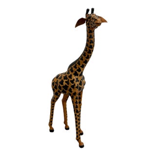 Vintage Hand Painted Folk Art Giraffe Sculpture With Leather Ears For Sale