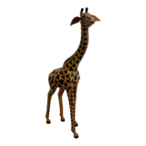 Vintage Hand Painted Folk Art Giraffe Sculpture With Leather Ears