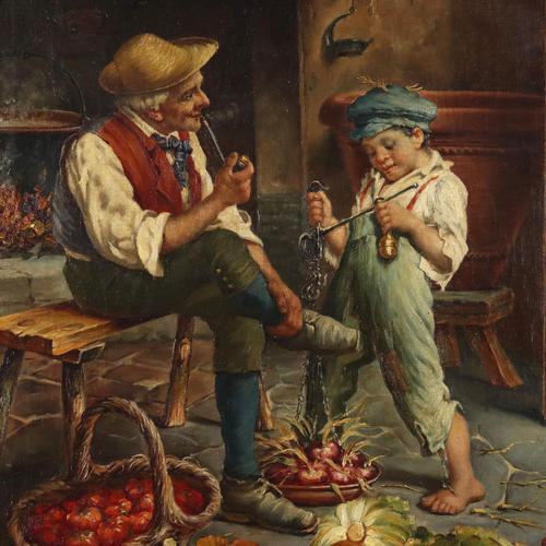 Attributed to Adolfo Dumini, Farmer Smoking Pipe, Oil on Canvas, Framed For Sale - Image 3 of 12