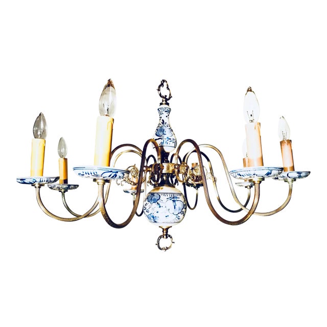 Vintage Tuscan Blue and White Eight-Arm Chandelier With Shades For Sale