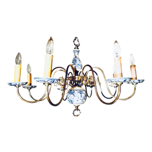 Vintage Tuscan Blue and White Eight-Arm Chandelier With Shades