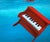 This artwork depicts a vibrant red piano partially submerged in tranquil blue waters, creating a striking contrast between...