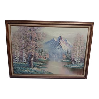 Vintage Mid-Century Pink Mountain Landscape Oil Painting - 40" W For Sale