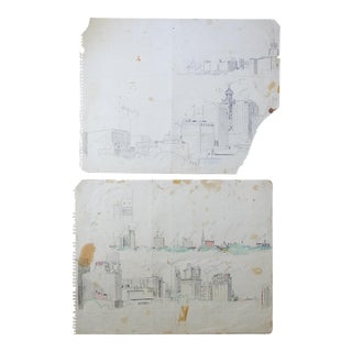 1950's Houston Texas Skyline Mural Study Distressed Drawing For Sale