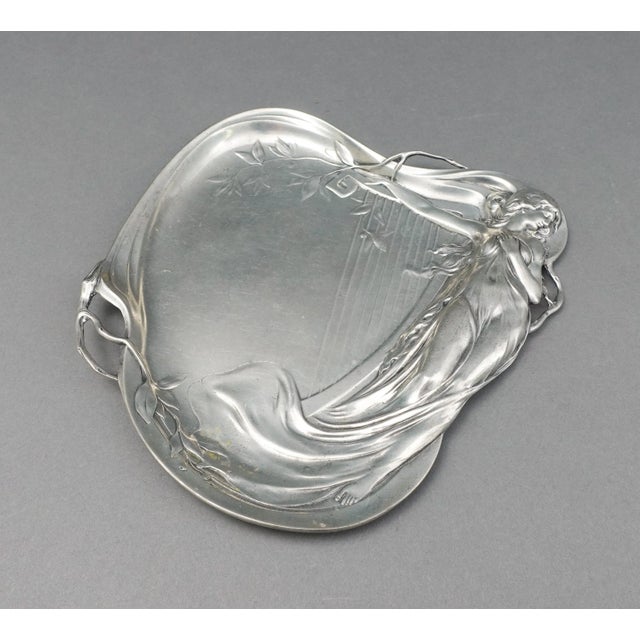 Art Nouveau Antique Achille Gamba Art Nouveau Maiden & Harp 1155 Pewter Tray Plate For Sale - Image 3 of 9