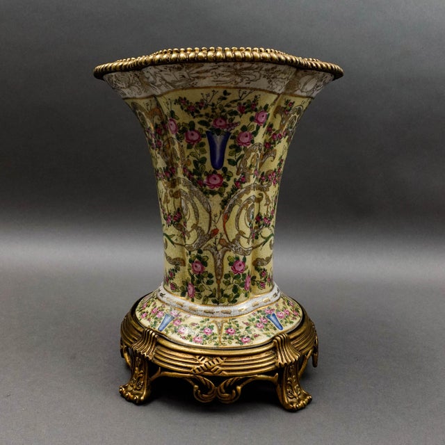 Victorian United Wilson UW 1897 Crackle Hand Painted Floral Bronze & Porcelain Vase For Sale - Image 3 of 10