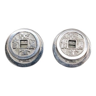 Vintage Signed Napier Doris Day Rhodium Plated Two Stacked Asian Coins Clip Earrings-2 Pieces For Sale