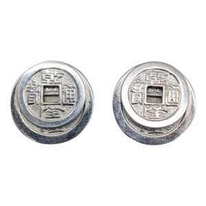 Vintage Signed Napier Rhodium Plated Two Stacked Asian Coins Clip Earrings-2 Pieces