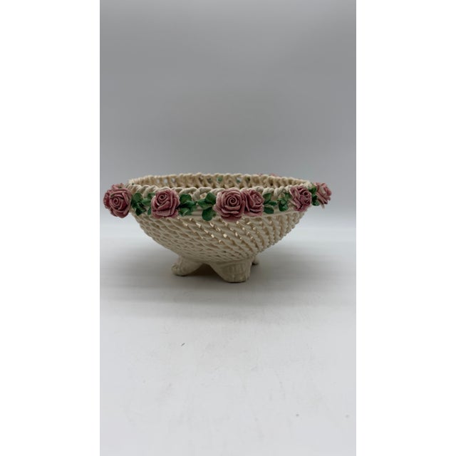 Shabby Chic A Vintage Italian Capodimonte Woven Creamware Wedding Basket With Rose Decorations, Circa 1950's For Sale - Image 3 of 12