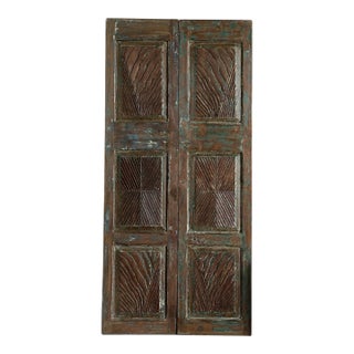 Vintage Blue Floral Carved Closet Doors – Reclaimed Wood Double Panels 80x38 For Sale