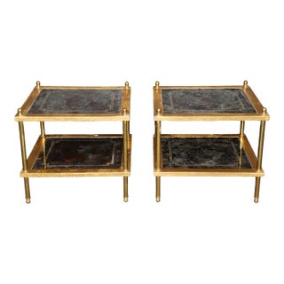 Pair Directoire Style Brass and Giltwood Eglomise Top End Tables For Sale