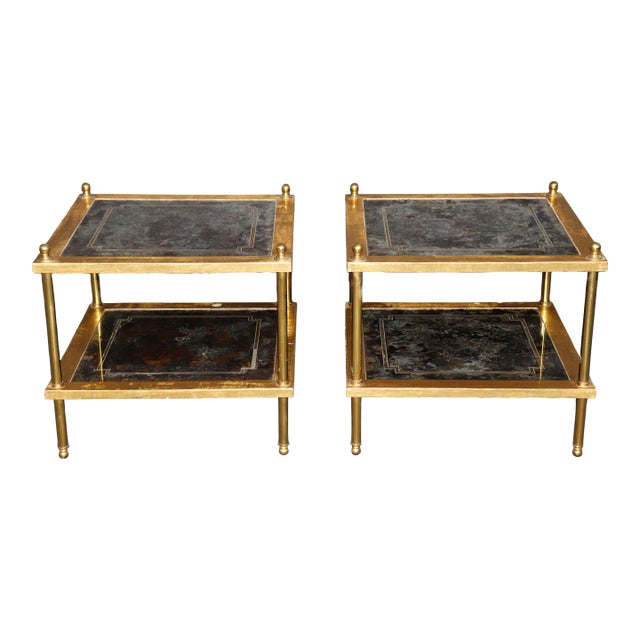 Pair Directoire Style Brass and Giltwood Eglomise Top End Tables For Sale