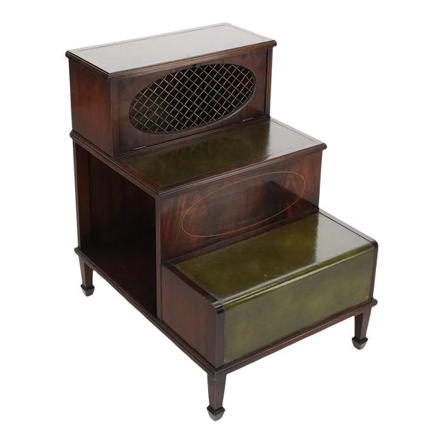 English Green Leather & Mahogany Step Side End Table Stand Cabinet Bookcase For Sale