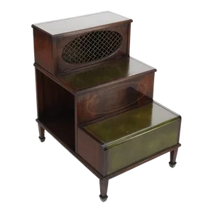 English Green Leather & Mahogany Step Side End Table Stand Cabinet Bookcase